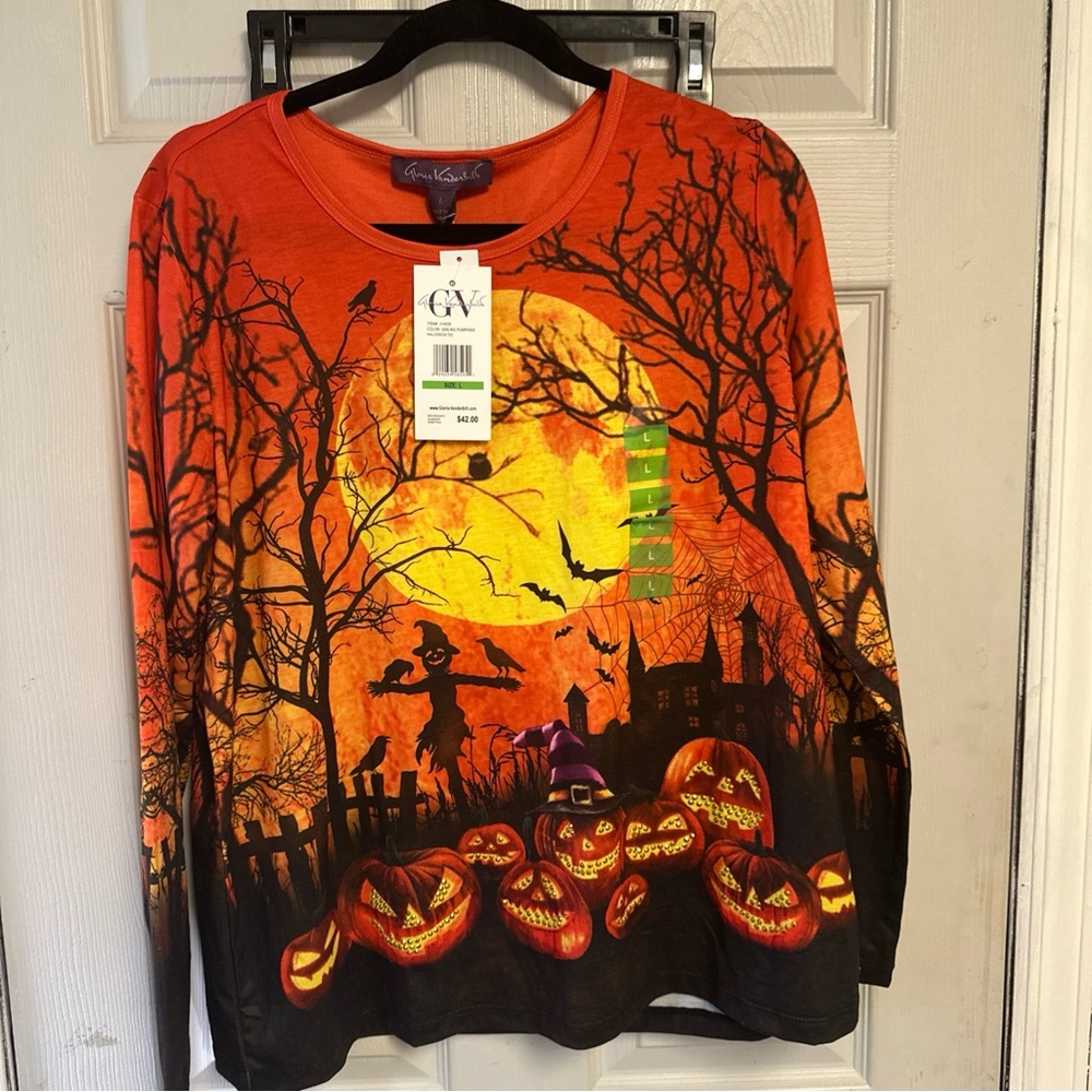 Gloria Vanderbilt Orange & Yellow Halloween Tee with Pumpkin Moon Graphic
